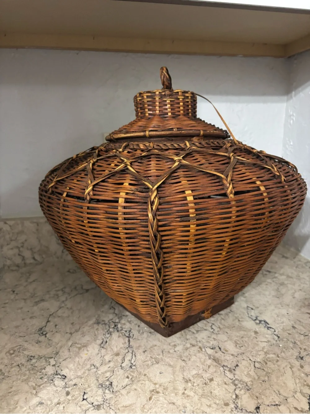 Vintage Asian Woven Rattan Basket with Square Base and Lid Home Decor